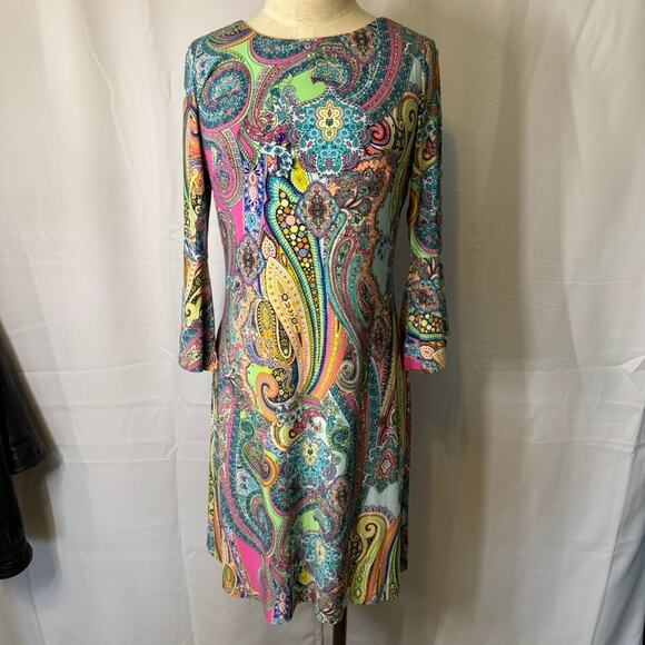 Tommy Hilfiger Paisley Bell Sleeve Dress Size 4 Multicolor Stretch NWT - Picture 2 of 10